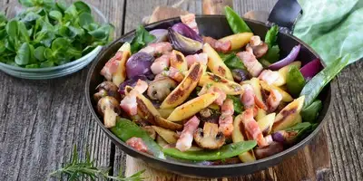 Schupfnudeln con pancetta e funghi croccanti