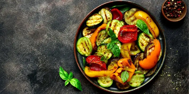 Mediterranean oven vegetables with yogurt and tomato sauce