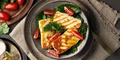 Halloumi em salada de abobrinha com salsa de tomate papaia