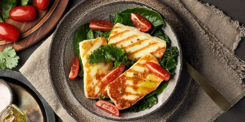Halloumi em salada de abobrinha com salsa de tomate papaia