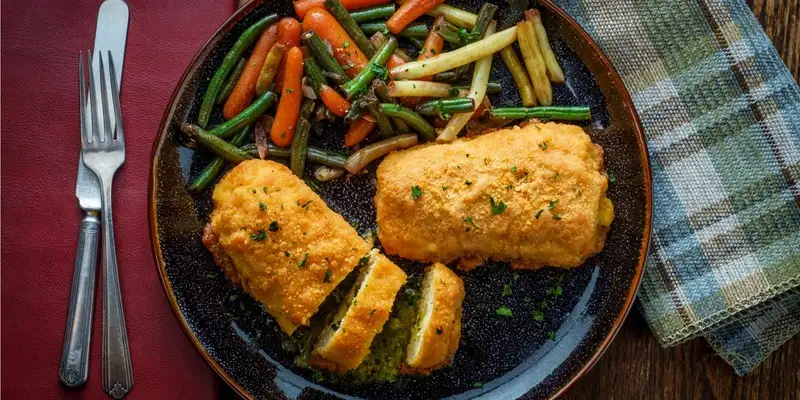 Escalopes recheados em crosta de amêndoa sobre legumes coloridos